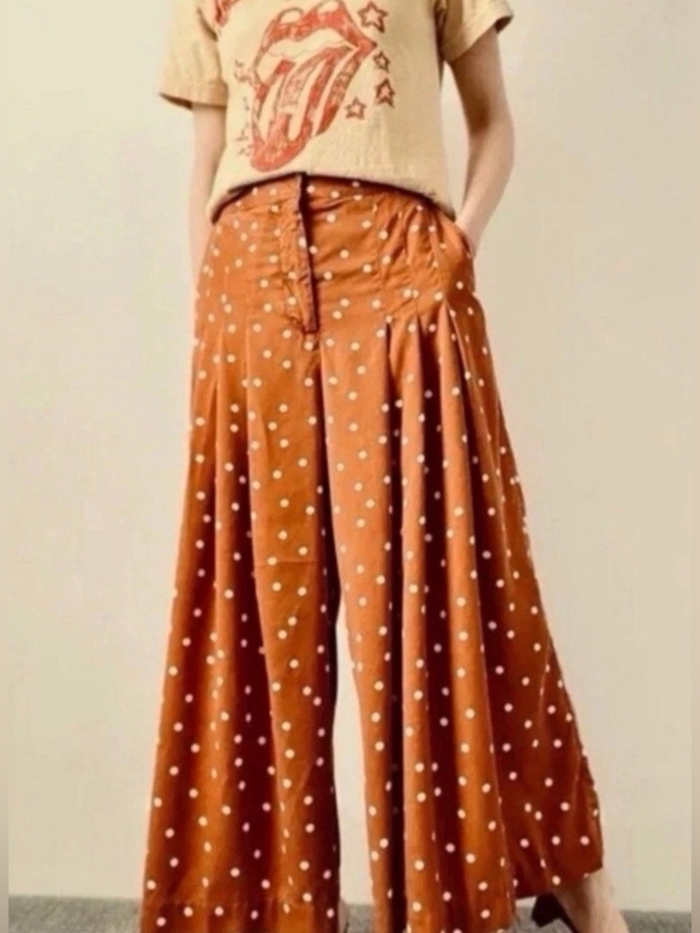 Anthropologie wide-leg palazzo brown polka dots pleated pants, Size Large - Picture 5 of 6